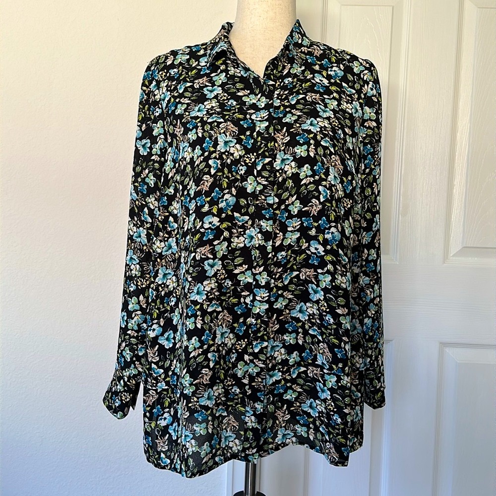 JJill Floral Doubled Lined Tiered Button Down Blouse PS
